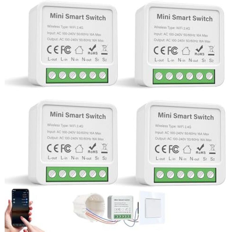 Smart Lichtschalter, 4 Stück Wlan Schalter, 2 Wege Smart Switch Kompatibel Alexa Echo, Google Home, Smart Life und Tuya, Passt Hinter Wandschalter,