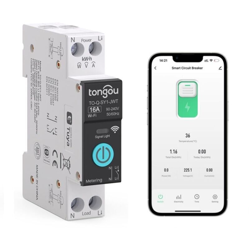 Smart Switch, 1P WiFi Smart Circuit Breaker, 16A diy Smart Switch Kompatibel mit Alexa, Google Assistant, Smart Life, tuya – Messung, Sprachsteuerung