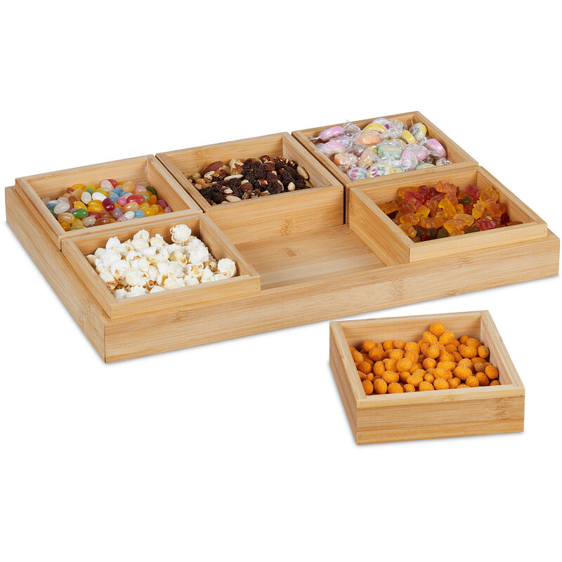 Relaxdays Snackschalen Set, mit Serviertablett, Bambus, 6 Schälchen, für Chips, Nüsse & Süßigkeiten, Servierset, natur
