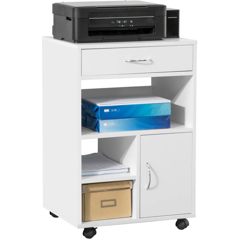 FBT106-W Druckertisch mit Schublade und Tür Aktenschrank Rollcontainer mit Fächern Bürowagen Beistellwagen Bürocontainer weiß bht ca: 50x75x40cm