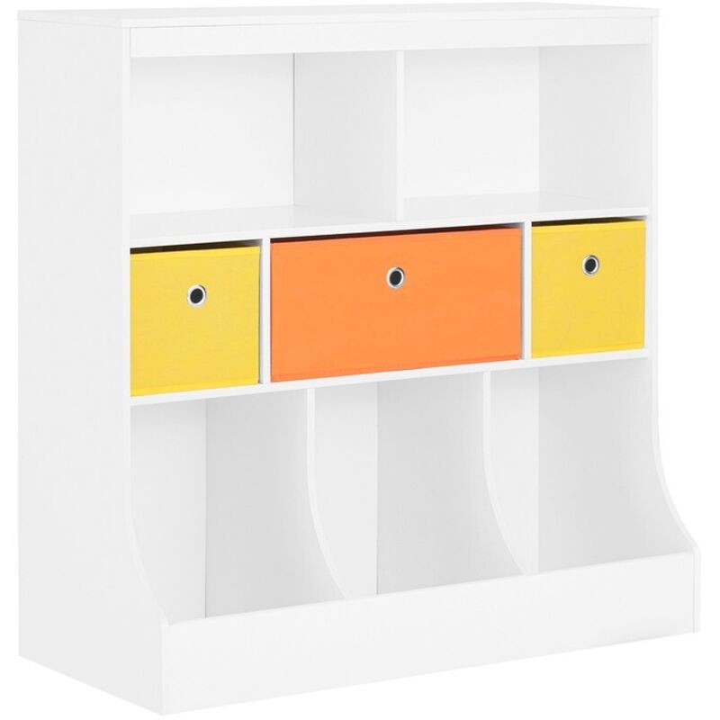 KMB26-W Kinder Bücherregal Kinderregal mit 5 Ablagefächern und 3 Stoffboxen Spielzeugregal Aufbewahrungsregal für Kinder Spielzeug-Organizer Weiß bht