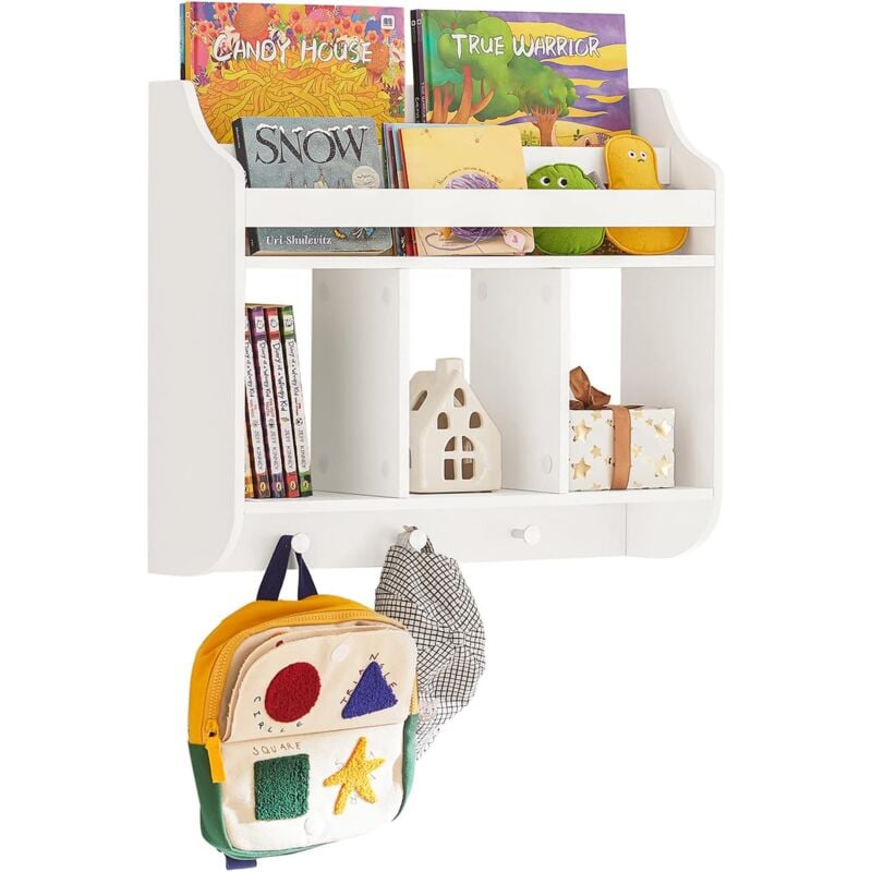 KMB46-W Kinderregal Bücherregal für Kinder Wandregal Hängeregal Wandgarderobe mit 3 Haken Aufbewahrungsregal mit Ablagen für Bücher und Deko weiß bht