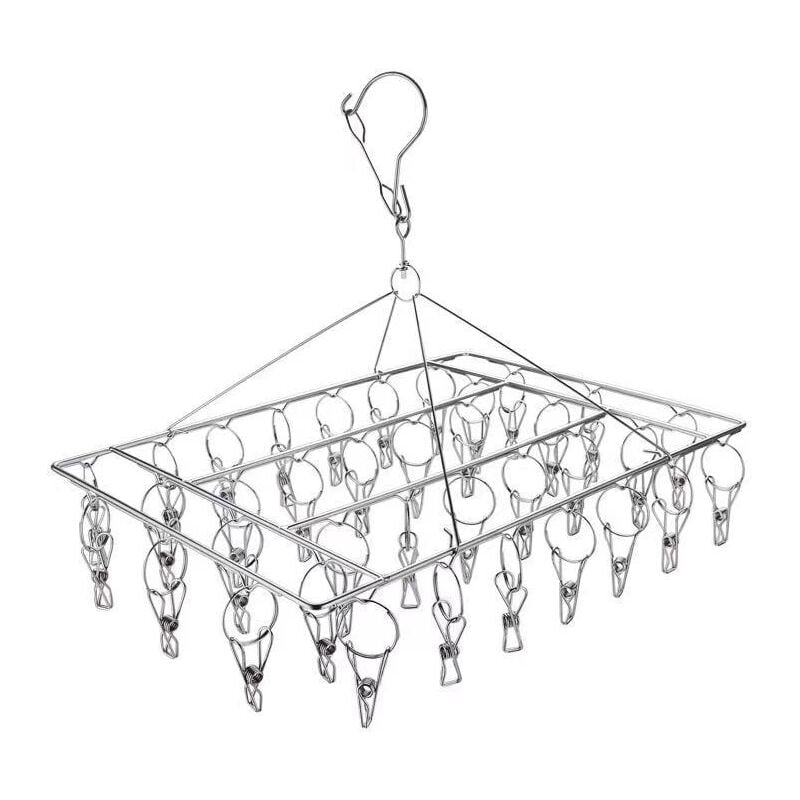 Sockenhalter aus Metall, Wäscheständer aus Edelstahl mit 36 Wäscheklammern und drehbarem Haken, winddichter quadratischer Kleiderbügel aus Metall