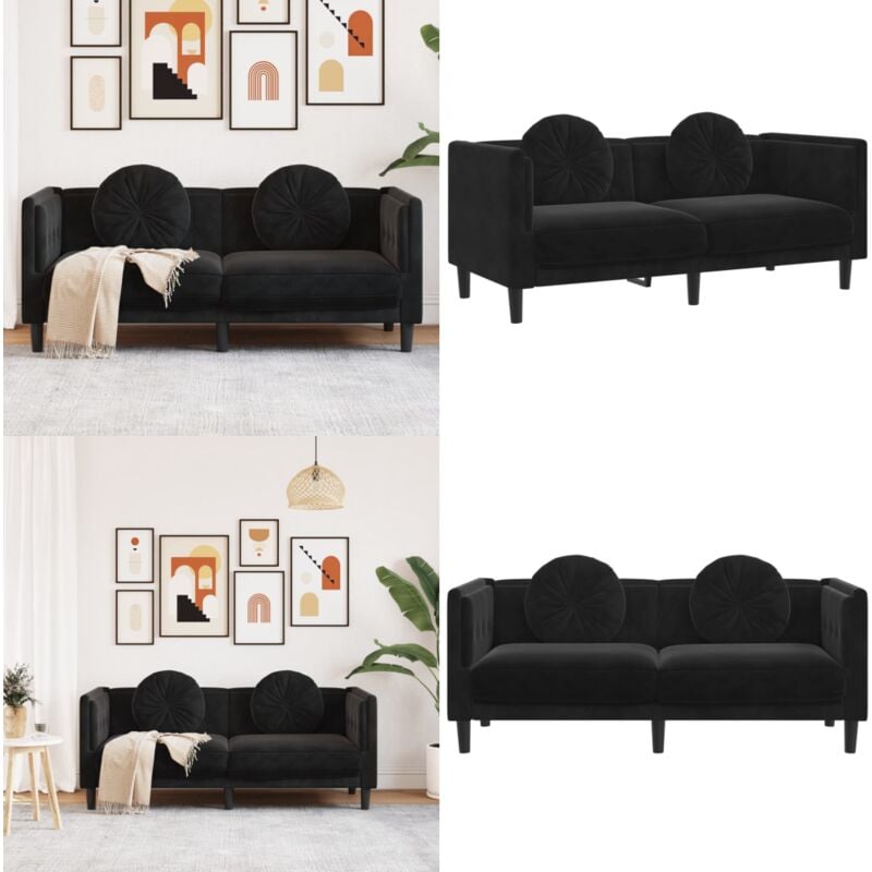 Sofa mit Kissen 2-Sitzer Schwarz Samt - Samtsofa - Wohnzimmersofa - 2-Sitzer Sofa - Schwarzes Sofa - Modernes Sofa - Home & Living