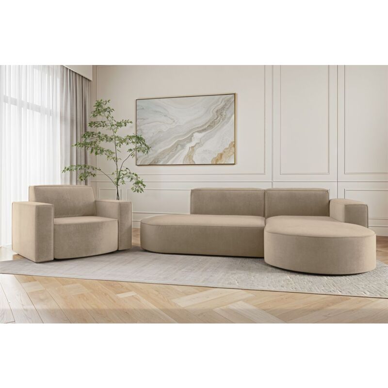 Fun Moebel - Sofa Set 2-teilig Sessel und Ecksofa palma xs Stoff Noel Beige Ottomane Rechts