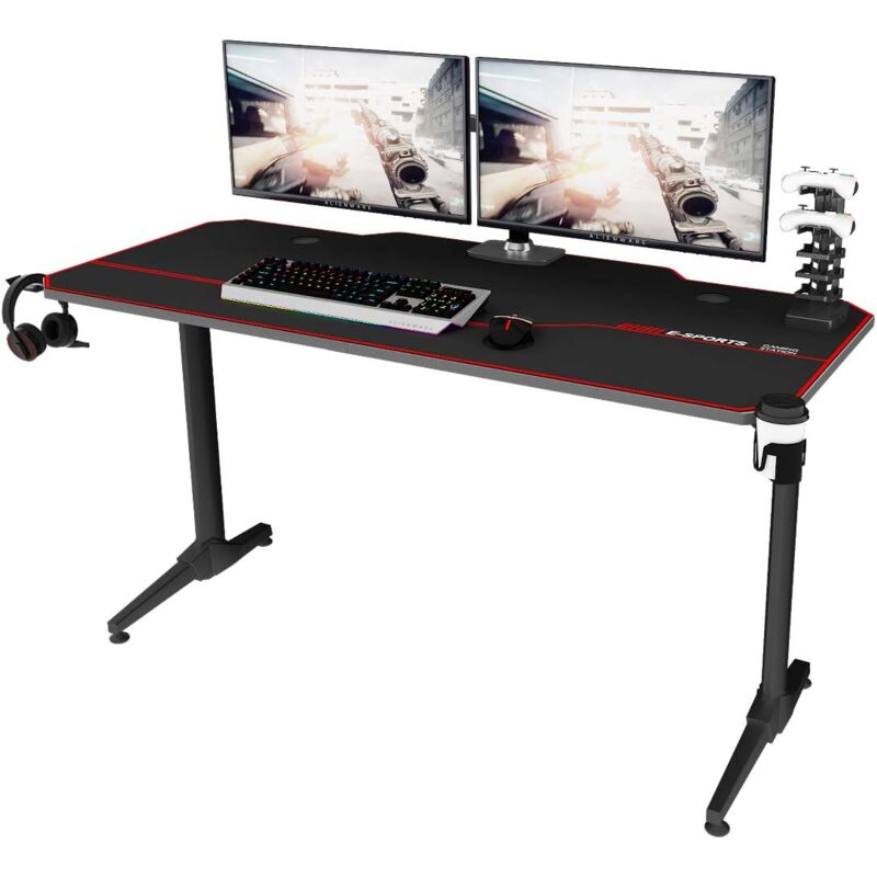 Gaming Schreibtisch 140 x 60 cm,Computertisch in T-Form,Büro,PC,Computer,robuster Tisch mit Mauspad,Getränkehalter und Kopfhörerhaken,schwarz - Soges