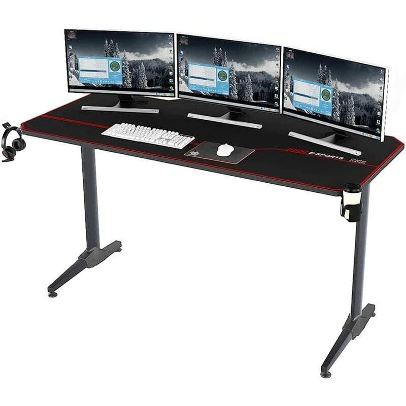 Gaming Tisch 140 cm Gaming Schreibtisch Computertisch in T-Form Gaming Table pc Tisch Schreibtisch mit Mausunterlage Getränkehalter und