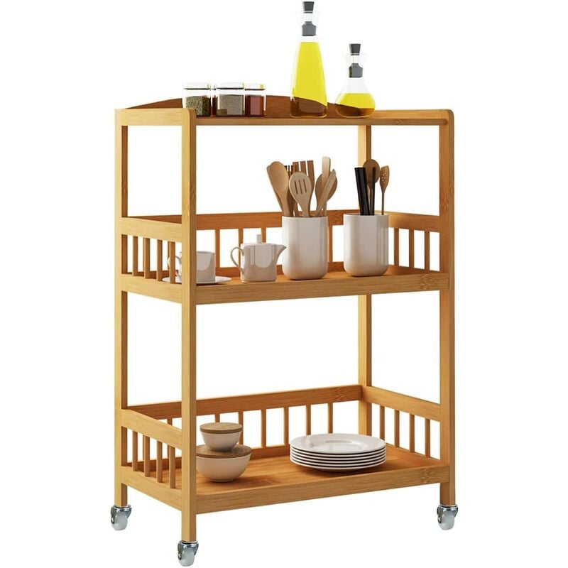 KS-ZC-05 Küchenwagen auf Rädern Aufbewahrung, Trolley Rack, Trolley Bamboo mit 3 Ablagen, Küchenregal, Organizer, Trolley Mobile Allzweck, Trolley