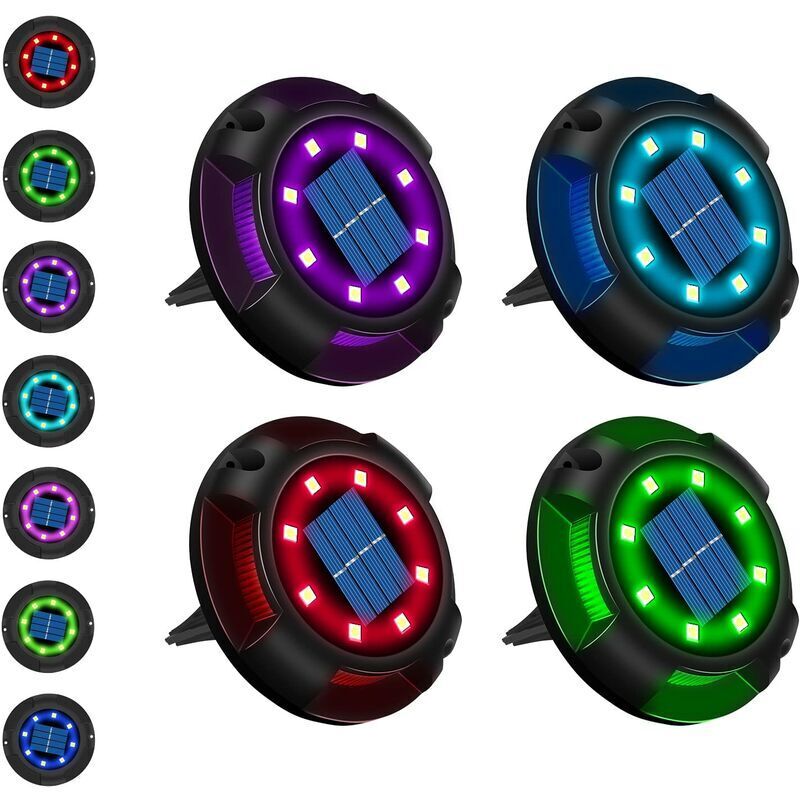 Solar-Außenstrahler, 12 LEDs, 7 Farben, Solar-Gartenleuchte, Einbaustrahler mit großem Solarpanel, wasserdicht, IP65, Solar-Bodenlampe (4 Stück)
