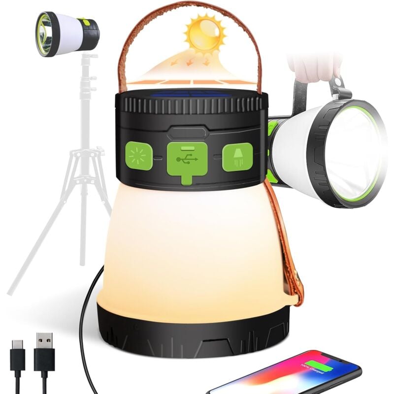 Qiedie - Solar-Camping-Laterne, 7800 mAh, wiederaufladbar, 1500 Lumen, 8 Helligkeitsmodi mit rgb und Taschenlampe für Notfall-Angeln