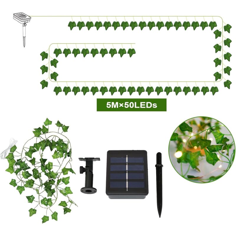 Solar-Lichterkette, 5 m, 50 LEDs, künstliche Efeu-Lichterkette für Garten, Hof, Haus, Terrasse, Feiern im Freien, Hochzeitsfeier-Dekoration,