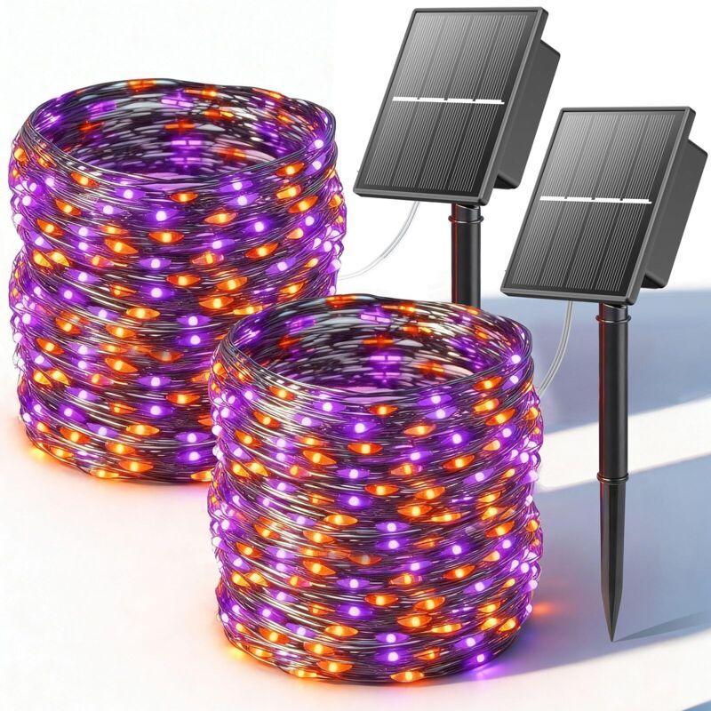 Solar Lichterkette Außen Halloween Dekorationen, 2x12m Insgesamt 400 LED Halloween Lichterkette 8 Modi Orange Lila Wasserdicht Lichterkette für