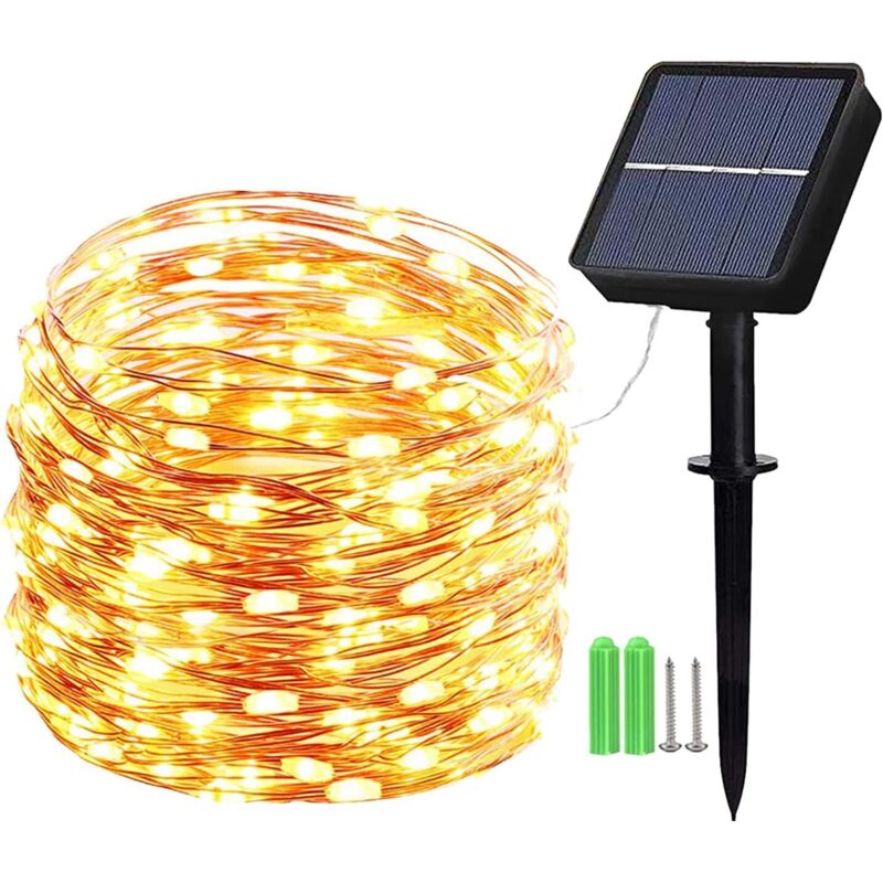Solar-Lichterkette für draußen, 10 m, 100 LEDs, Kupferdraht-Lichterkette, 8 Modi, für die Dekoration von Bäumen im Garten im Freien usw. (warmweiß)