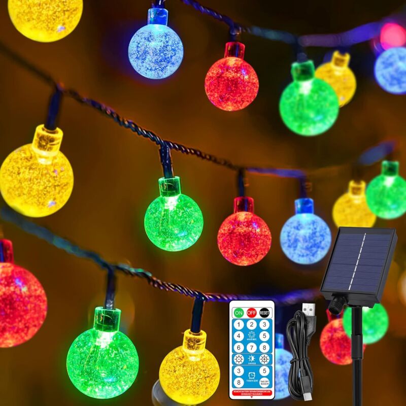 Solar-Lichterkette, Solar-Lichterkette für draußen, Weihnachten, 6,5 m, 30 LED-Kristallkugeln, Solar-Lichterkette, 8 Modi, IP65 wasserdicht, für