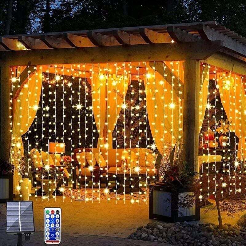 Solar-Lichterkette, verbesserte Solar-Lichterkette, warmweiß, Fernbedienung, Gartenbeleuchtung, 300 LEDs, 8 Modi, wasserdicht, Wasserfalleffekt,