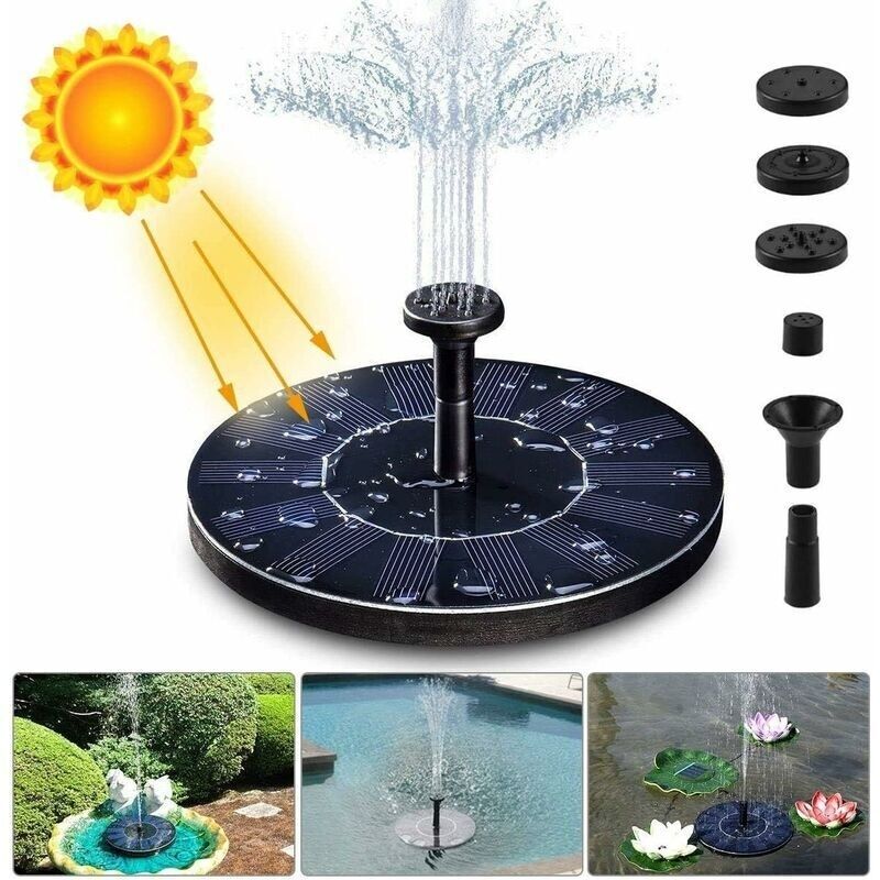 Solar-Springbrunnenpumpe für Teichbrunnen, 1,4 W, 150 l/h, Solarwasserpumpe (maximal 70 cm) + 4 Düsen, Mini-Solarpumpe für dekorative