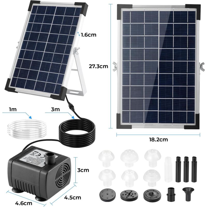 Solar Teichpumpe 5W, 250L/h Solar Springbrunnen Solar Brunnenpumpen, 9 Düsen,3,25M Kabellänge,Solar Wasserpumpe für Garten Teich
