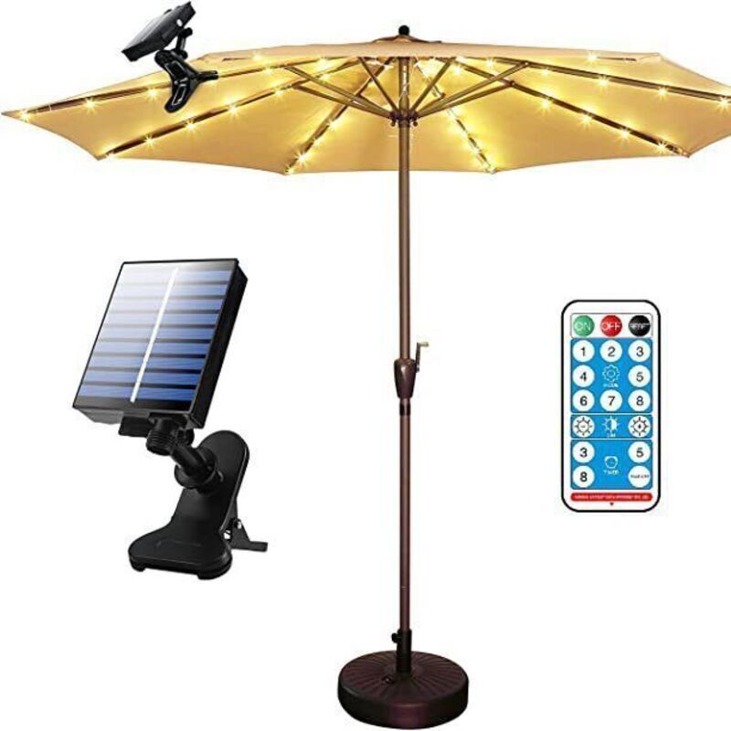 Solarbetriebene LED-Lichterkette für Sonnenschirme im Garten, 8 Beleuchtungsmodi mit Fernbedienung, IP67 wasserdicht, ideal für Garten und Camping