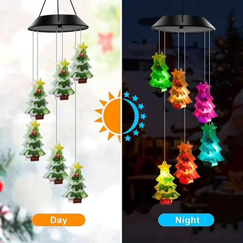 Solarbetriebene Lichterkette mit Windspiel, farbenfrohes Weihnachtsbaum-Design, wasserdichte Außendekoration für Garten, Balkon und Terrasse