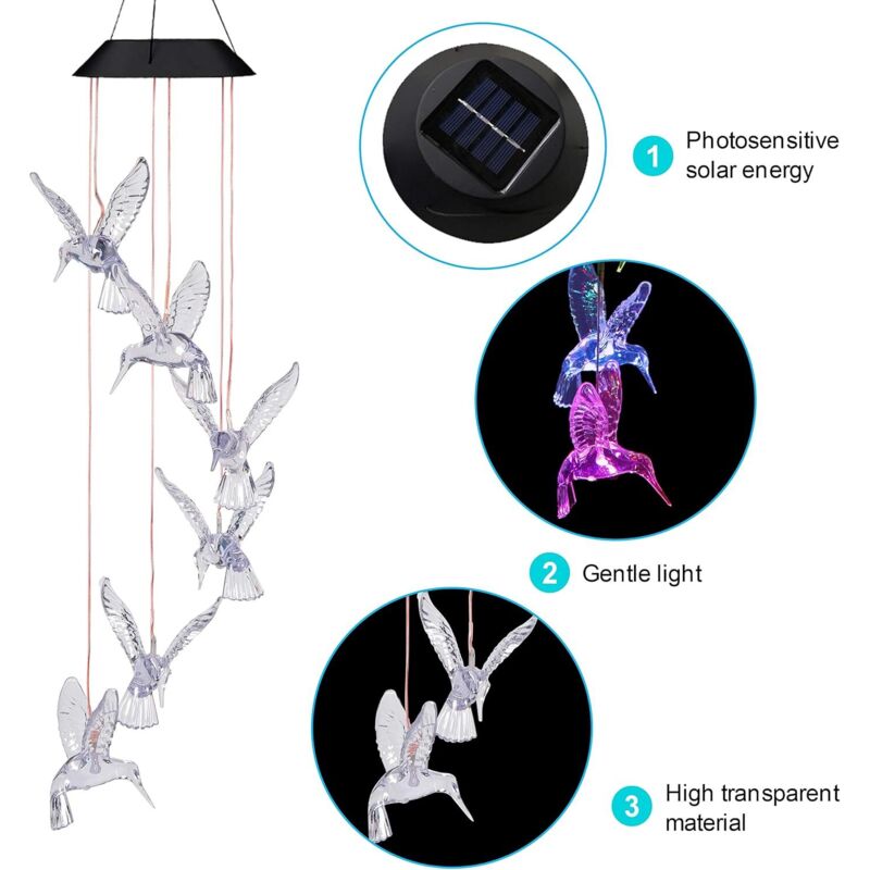 Solarbetriebenes Kolibri-Windspiel für den Außenbereich – LED-Solar-Kolibri-Mobile, wasserdicht, farbwechselnd – romantisches Geschenk für Mama,