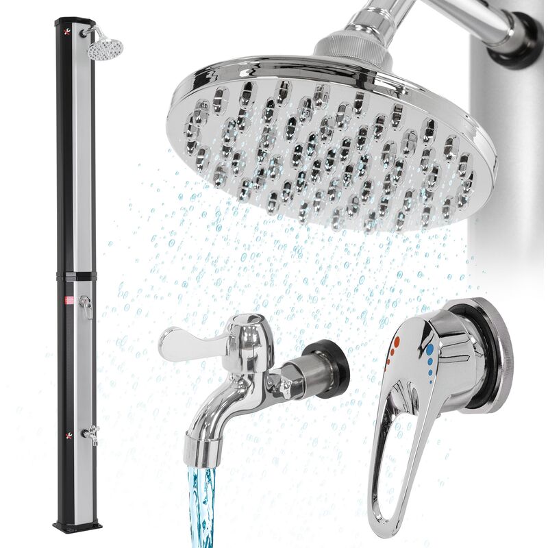 ML-Design Solardusche 35L 217cm eckig mit Fußdusche und Regenduschkopf, Silber-Schwarz, warmes Wasser bis 60°C ohne Strom, mit