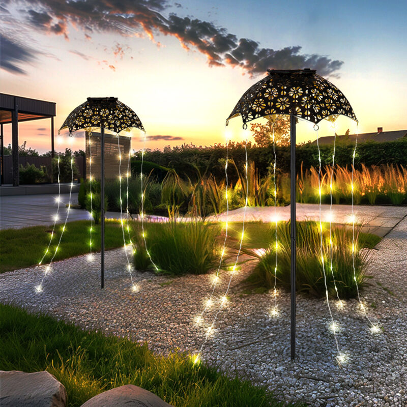 Solarlampe Außenleuchte mit Erdspieß Gartendeko Regenschirm Terrassenlampe, schwarz kuper, 60x led warmweiß, DxH 20,5 x 65 cm, 2er Set