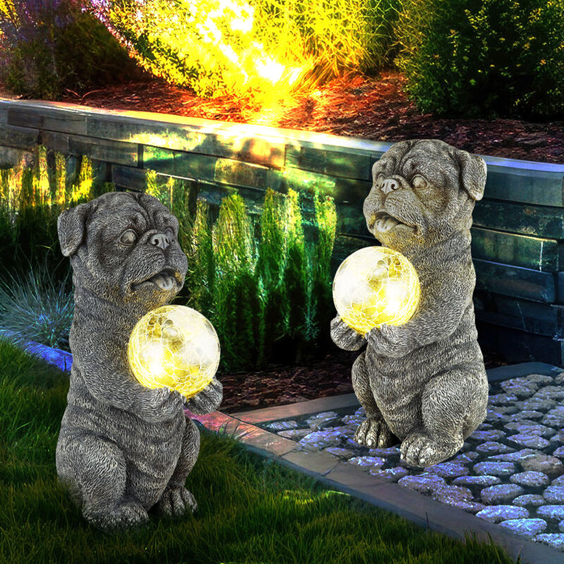 Globo Lighting - Solarleuchte Hund Gartendeko Tierfigur grau Solarlampe Kugel Bruchglas Hund, led warmweiß, LxBxH 17,5x13x29 cm, 2er Set