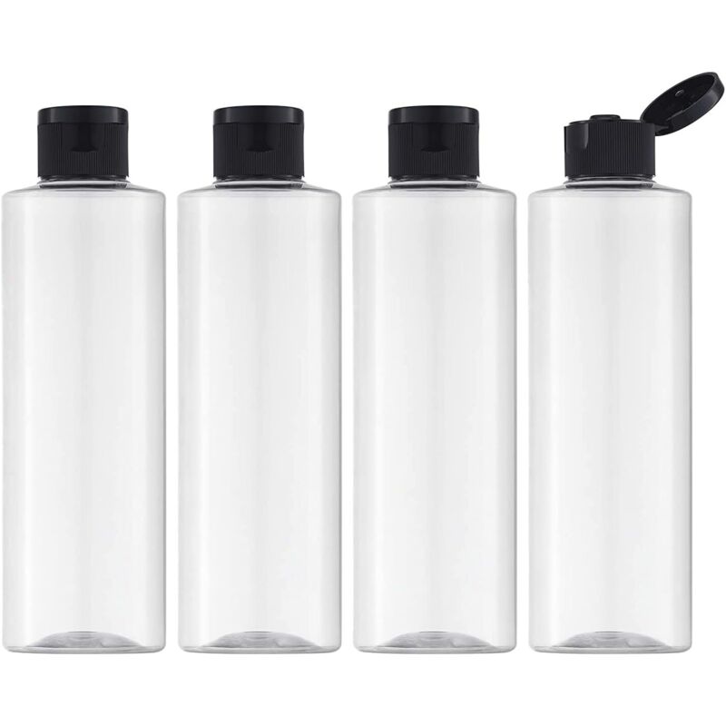 Sollbry - 200 ml leere Flasche mit Klappdeckel (4 Stück), nachfüllbare Kosmetik-Reiseflasche mit Trichter (transparent)