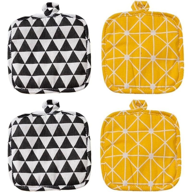 Set mit 4 Topfüberzügen aus Baumwolle, 18 x 18 cm, Küchentopfüberzüge, zum Kochen und Backen (schwarz, gelb) - Sollbry