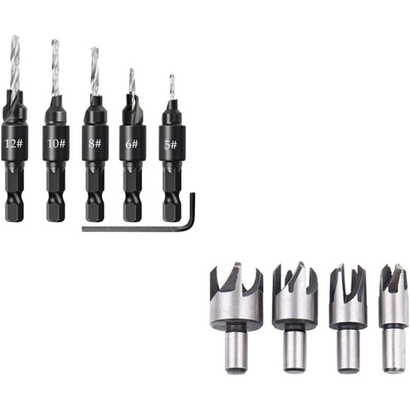 Sollbry - Bohrer für Holzbearbeitung – gerader und konischer Bohrersatz, 5/8 Zoll, 1/2 Zoll, 3/8 Zoll, 1/4 Zoll, Korkbohrer für Holzbearbeitung