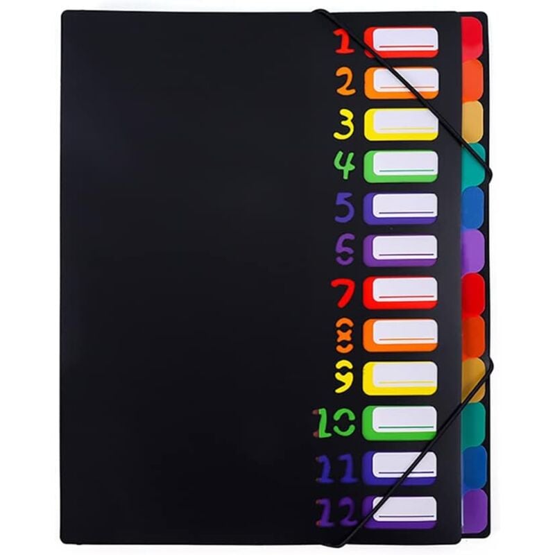 Fächermappe: 12. Etage, A4-Format, Regenbogen-Kunststofffutter, farbenfroher Ordner für Zuhause, Büro, Schule, schwarzer Einband - Sollbry