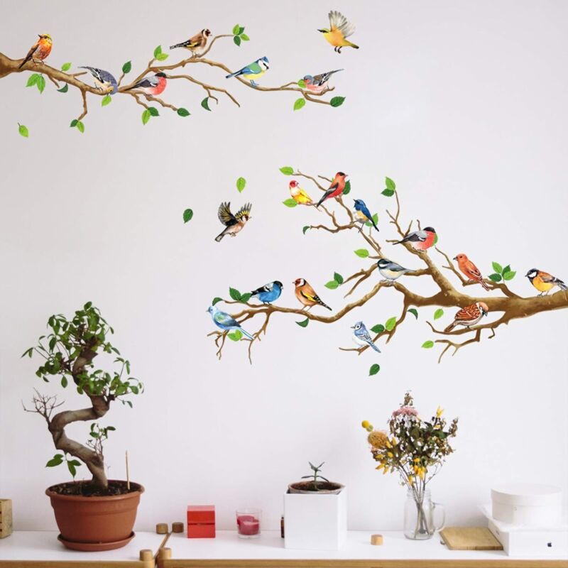 Sollbry - Kolibri auf Ast-Wandaufkleber, grünes Blatt und fliegender Vogel, DIY-Kunst-Vinyl-Wandaufkleber, selbstklebende Wanddekoration für Garten,