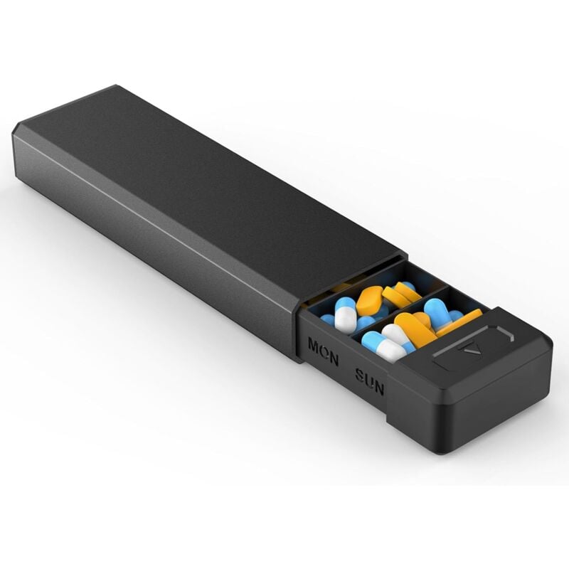 Sollbry - Pillendose mit Aluminiumgehäuse für eine Woche Kapazität, tragbare Medikamenten-Aufbewahrungsbox mit 7 Fächern zur Aufbewahrung von