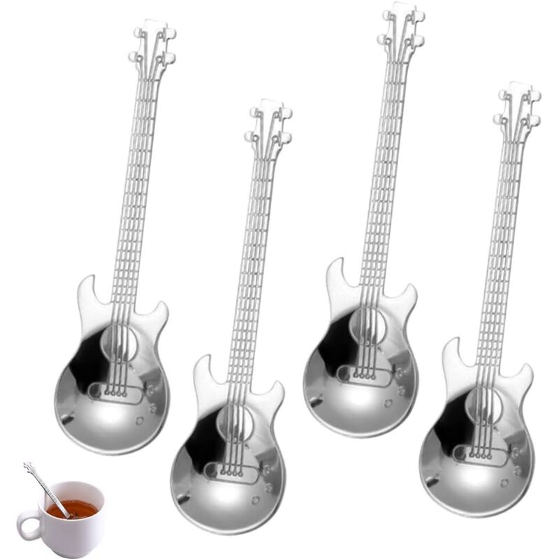 Set mit 4 Gitarren-Kaffeelöffeln, Dessertlöffel aus Edelstahl 304, Mini-Rührlöffel für Tee, Milch, Dessert, Getränke, Eis, Milchshake - Sollbry