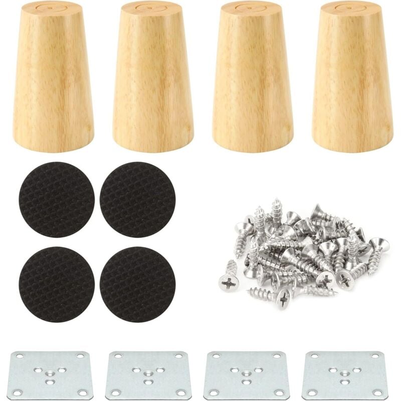 Sollbry - Set mit 4 Möbelbeinen aus Holz, 8 cm, gerades Sofabein aus Holz, Bettbein aus Holz mit rutschfester Matte, Schrankbein aus Holz für Sofa,