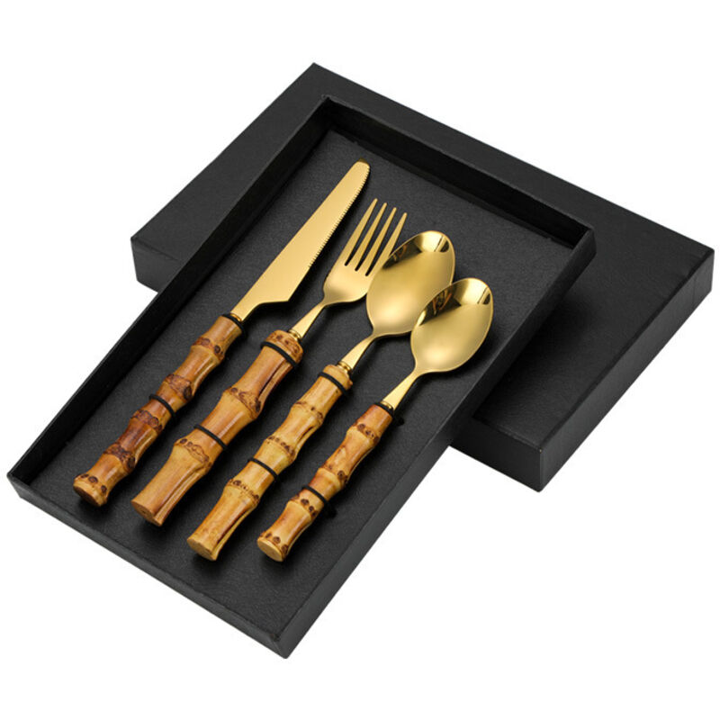 Western-Küchenutensilien-Set aus Edelstahl, Western-Steakmesser, Gabel und Löffel (4-teiliges Set) (Griff aus Edelstahl/Bambus, Gold (Farbe))