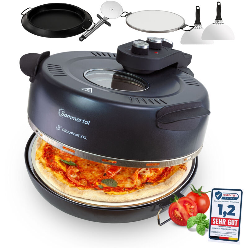 PizzaProfi xxl Pizzaofen mit 39cm Steinplatte – Pizza Ofen elektrisch, schnelle 3-Minuten Pizza, bis 380°C – 5-teiliges Set mit Pfanneneinsatz, 2x