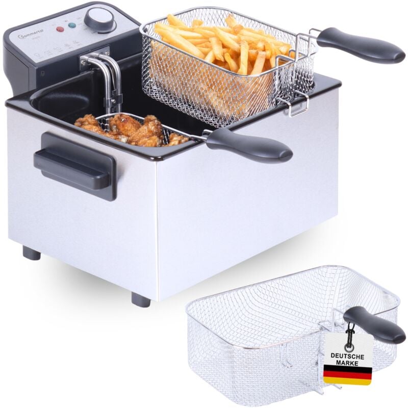 Xxl Doppel-Fritteuse mit Öl oder Fett – 3 Körbe, 5 Liter, 3000 Watt, Kaltzone, DF3270 – echte Edelstahl Fritteuse für knusprige Pommes - Sommertal