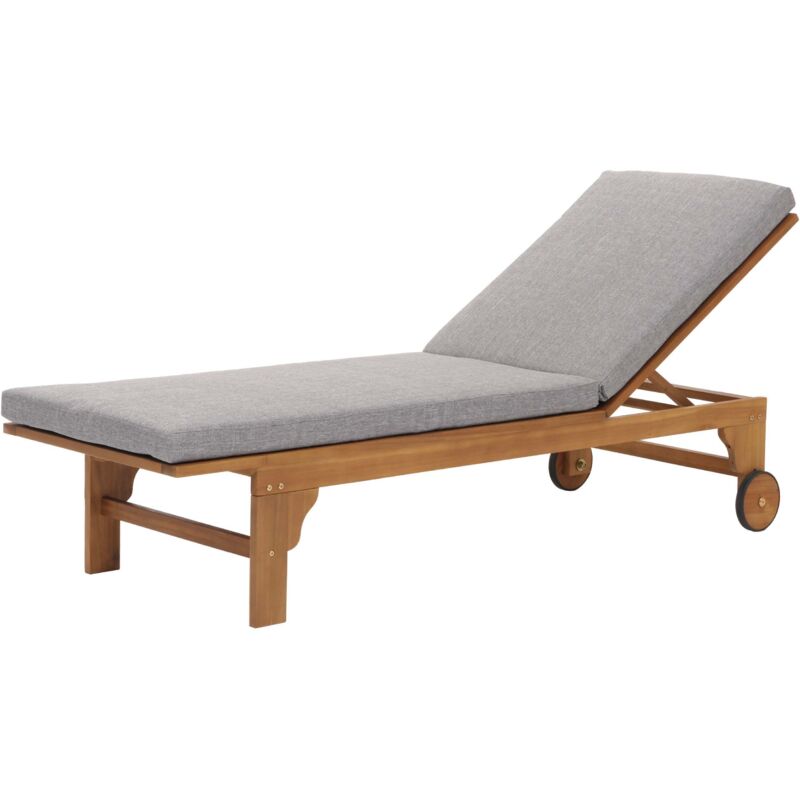 HHG - Sonnenliege 990, Gartenliege Relaxliege Liegestuhl, Massiv-Holz Akazie MVG-zertifiziert Kissen grau