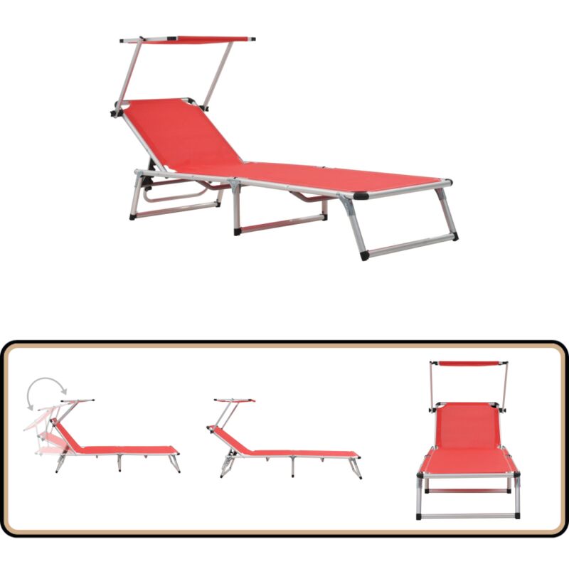 Vidaxl - Sonnenliege Klappbar mit Sonnenschutz Alu und Textilene Rot - Sonnenliege - Gartenliege - Klappliege - Alu-Liege - Textilene Liege