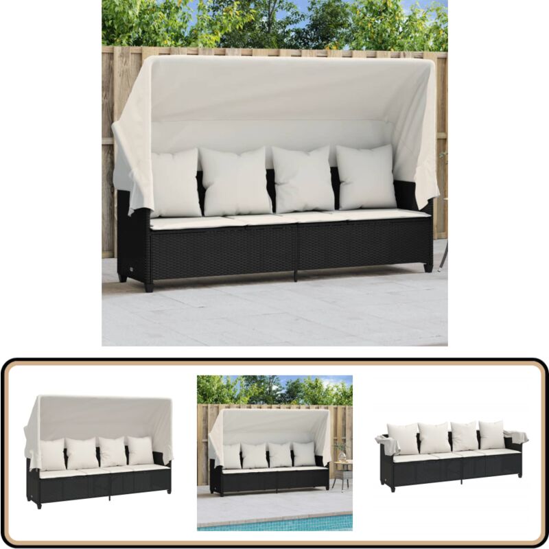 Sonnenliege mit Dach und Kissen Schwarz Poly Rattan - Sonnenliege - Gartenliege - Liege - Outdoor Möbel - Pool Accessoire