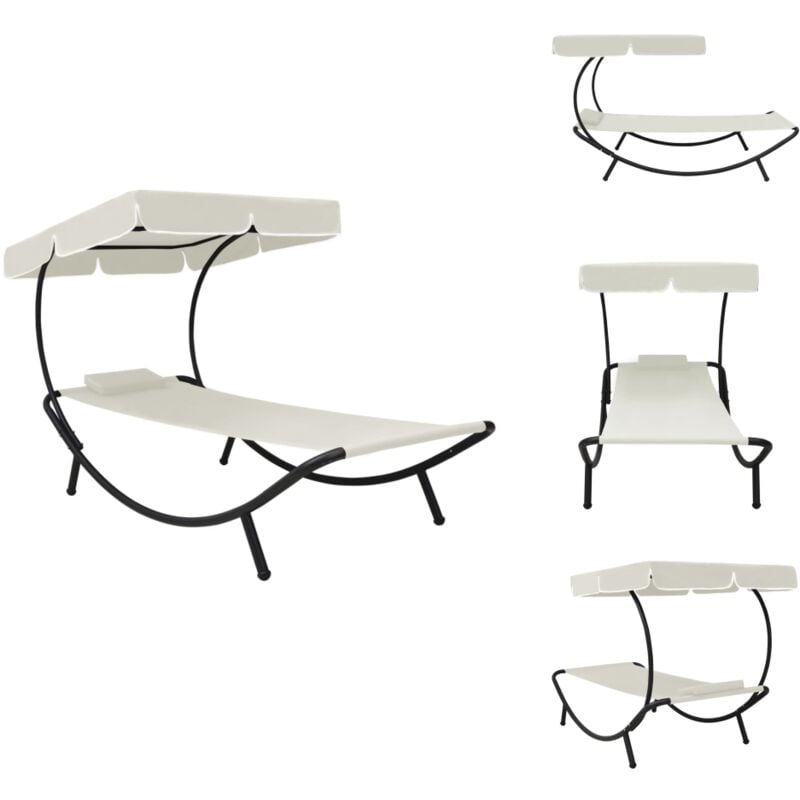 Garten-Sonnenliege mit Sonnendach & Kissen Cremeweiß - Gartenliege - Sonnenliege - Outdoor Liege - Cremefarbenes Möbelstück - Wetterfest