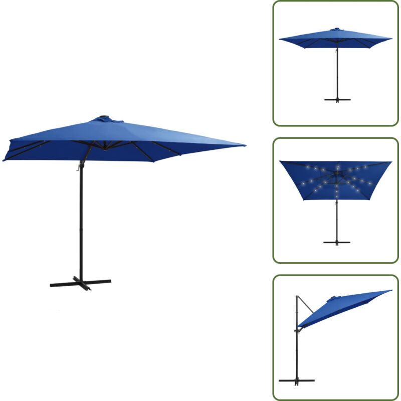 Ampelschirm mit LED-Beleuchtung Stahl-Mast 250x250 cm Azurblau - Sonnenschirm - Gartenmöbel - Terrasse - Außenbeleuchtung - LED-Beleuchtung