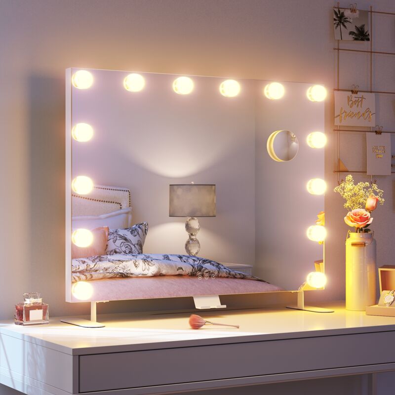 SONNI Hollywood Spiegel mit Beleuchtung, 14 Dimmer Leuchten 3 Lichtmodus Schminkspiegel mit Beleuchtung, Handyhalterung, USB-Funktion und Lupe 80×60