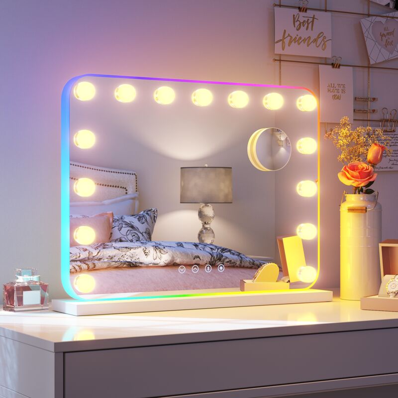 Sonni - Hollywood Spiegel mit Beleuchtung mit Bluetooth, 15 Dimmer Leuchten 3 Lichtmodus Schminkspiegel mit Beleuchtung, RGB-Lichter und Lupen 58×45cm