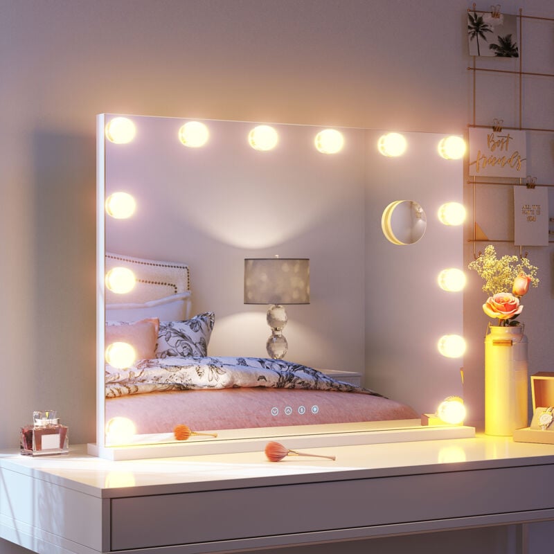 Hollywood Spiegel mit Beleuchtung mit Bluetooth, 14 Dimmer Leuchten 3 Lichtmodus Schminkspiegel mit Beleuchtung, USB-Funktion und Lupe 80×62 cm