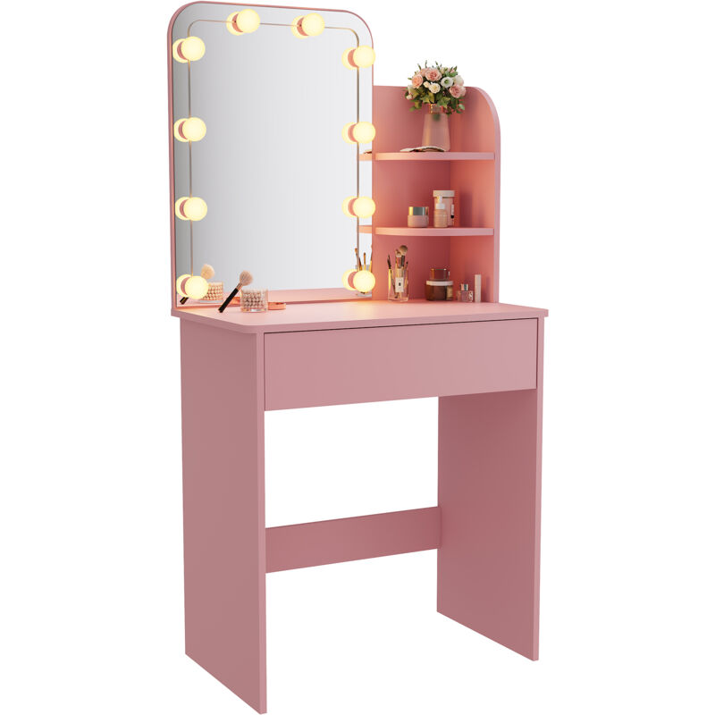 Schminktisch mit einer geräumigen Schiebeschublade 70x40x140cm Schminktisch mit LED-Beleuchtung in 3 Farben Rosa - Sonni