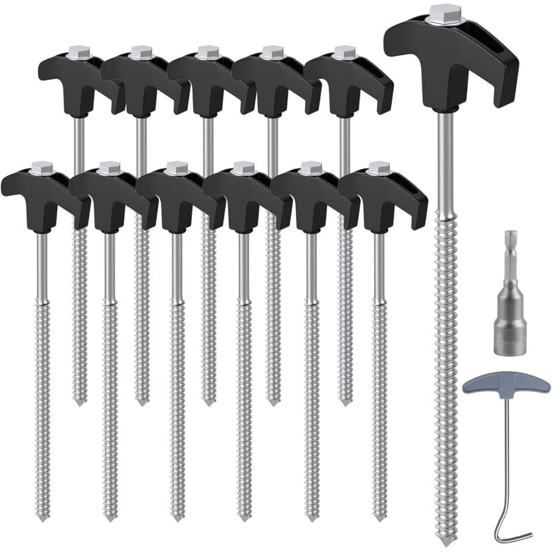 Speed 12 Stück Stahl-Zeltheringe mit Bohrer und Nagelzieher, 20 cm Zeltheringe, Campingzelthaken für harte Oberflächen, Rasen – Schwarz + Silber