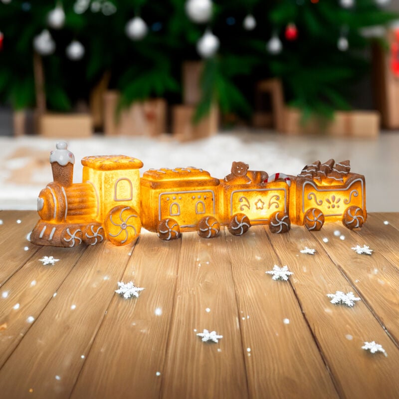 Led Lebkuchen Weihnachtszug Aufsteller warm weiß - 4-teilig - Deko Zug beleuchtet Batterie betrieben - Weihnachten Advent Winter Tisch Fenster Deko
