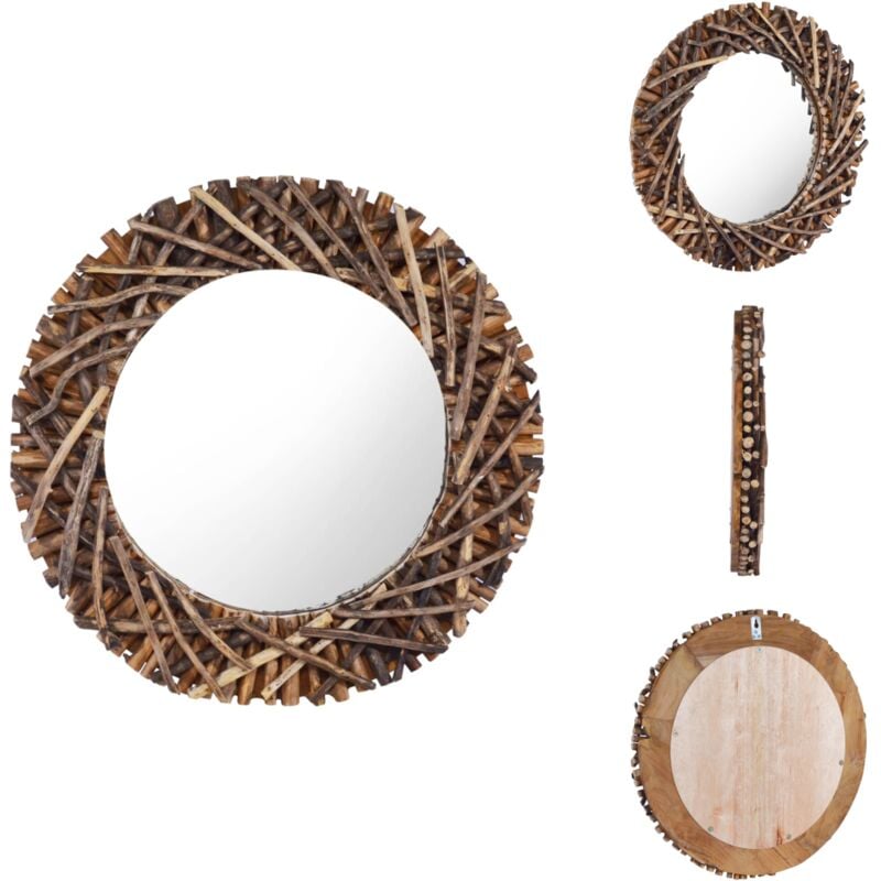 Wandspiegel 60 cm Teak Rund - Teak Holz Spiegel - Runder Spiegel - Vintage Spiegel - Retro Spiegel - Wohnzimmer Dekoration